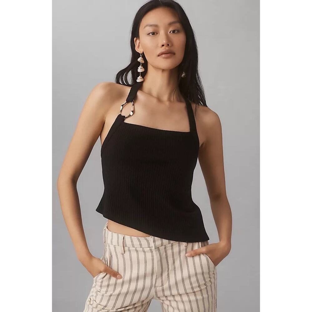 Reformation SOLD OUT Ramona Knit Black Asymmetrical Bottom Top Gold Ring Detail